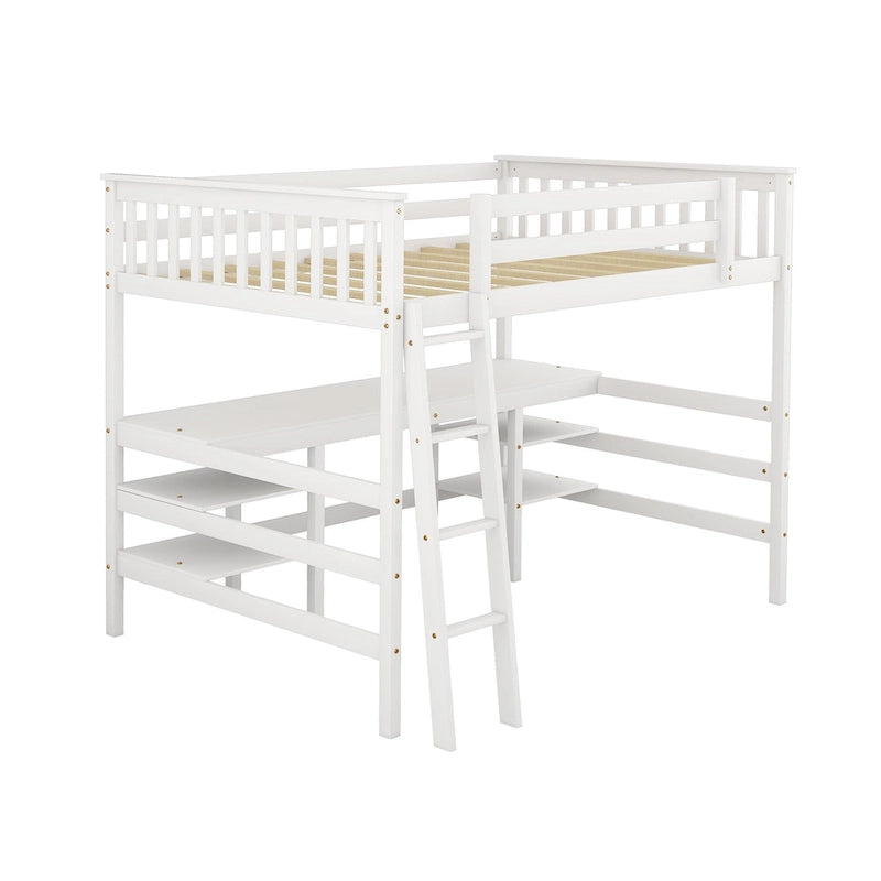 Full Size Loft Bed with Desk and Shelves Wooden Full Loft Bed
