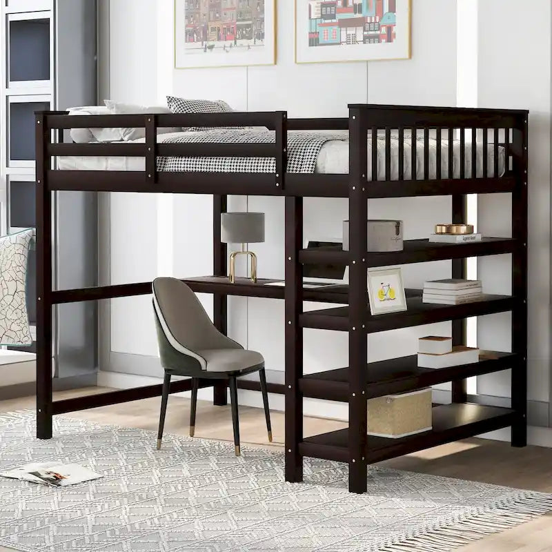 Wooden Full Size Loft Bed with Shelves and Desk