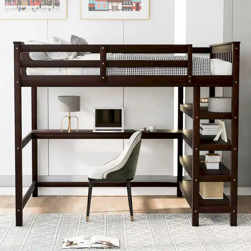 Wooden Full Size Loft Bed with Shelves and Desk