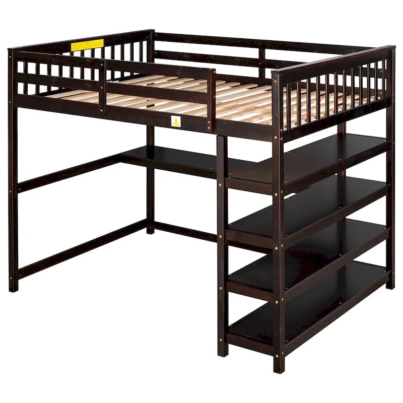 Wooden Full Size Loft Bed with Shelves and Desk