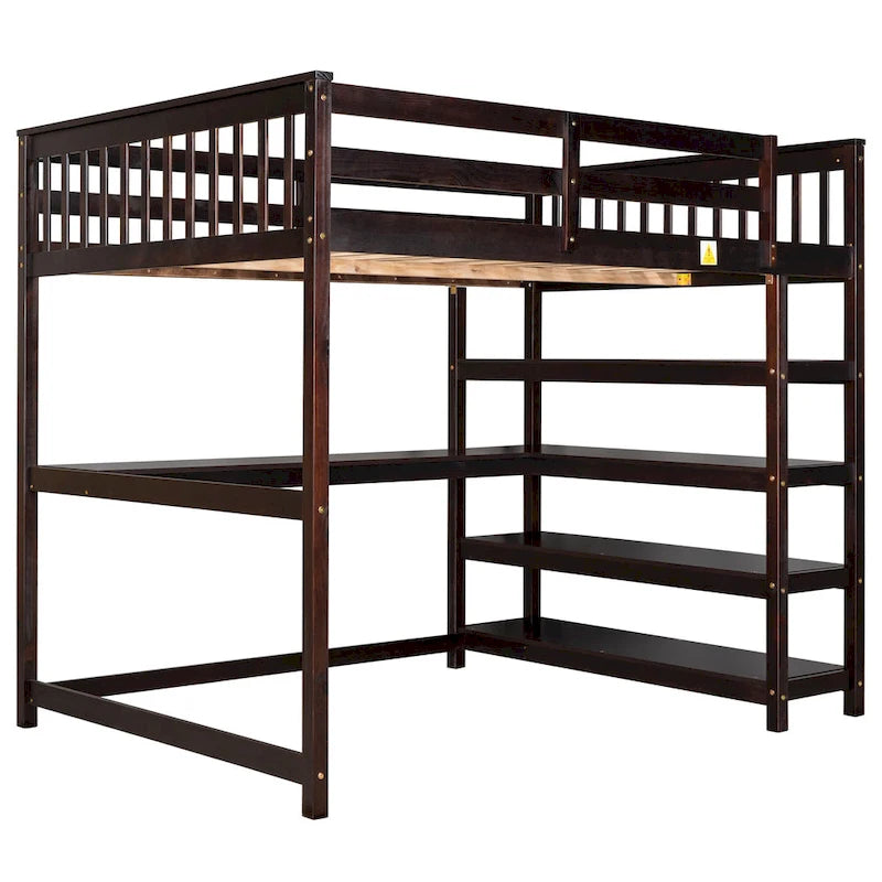 Wooden Full Size Loft Bed with Shelves and Desk