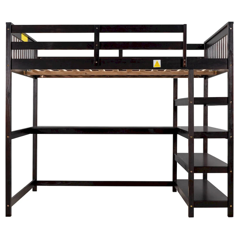 Wooden Full Size Loft Bed with Shelves and Desk
