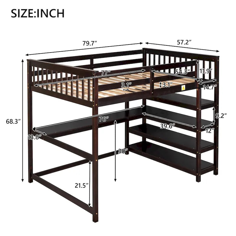 Wooden Full Size Loft Bed with Shelves and Desk