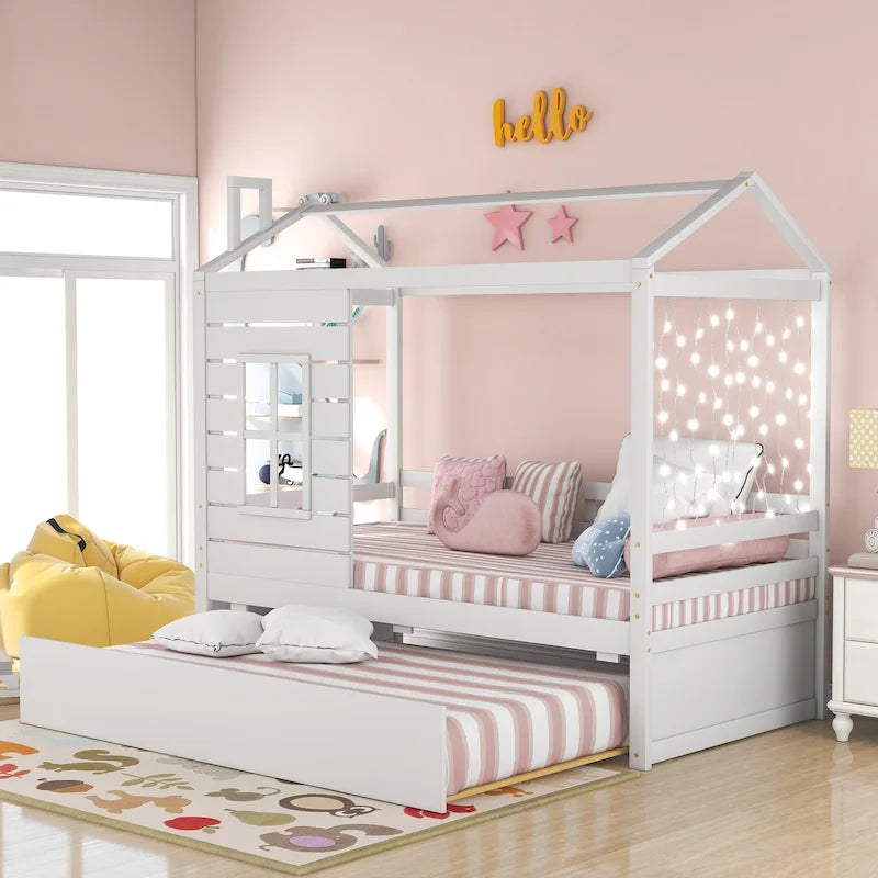 Twin Size House Style Wood Bed with Trundle