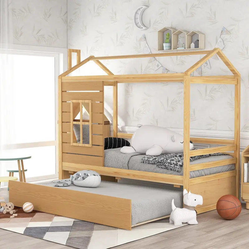 Twin Size House Style Wood Bed with Trundle