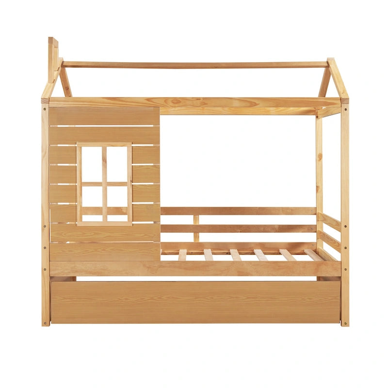Twin Size House Style Wood Bed with Trundle