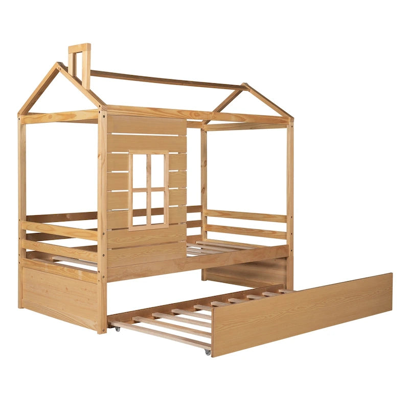 Twin Size House Style Wood Bed with Trundle