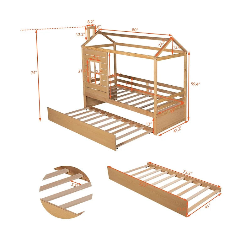 Twin Size House Style Wood Bed with Trundle
