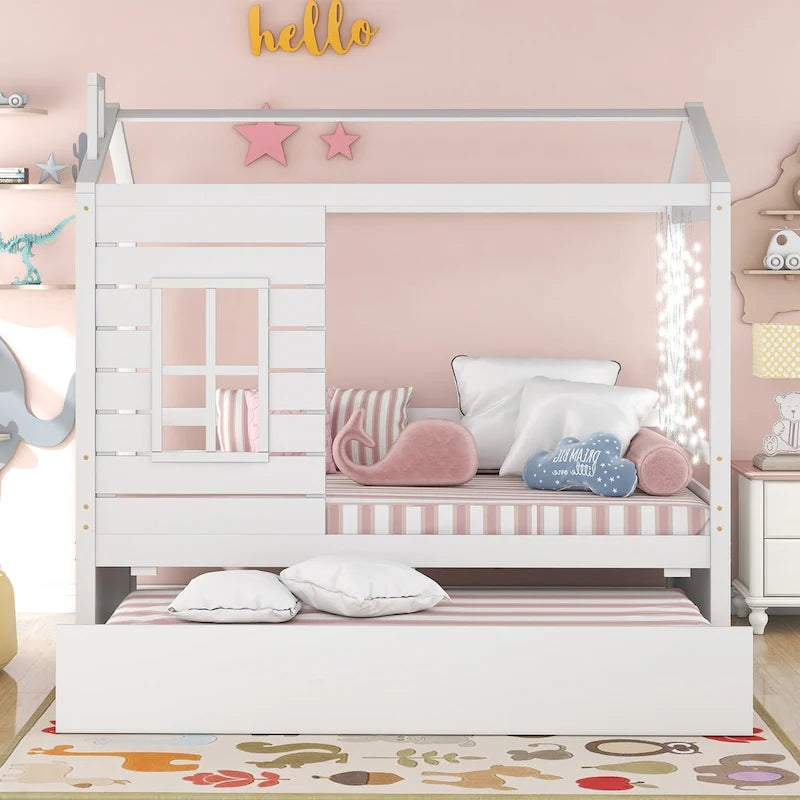 Twin Size House Style Wood Bed with Trundle