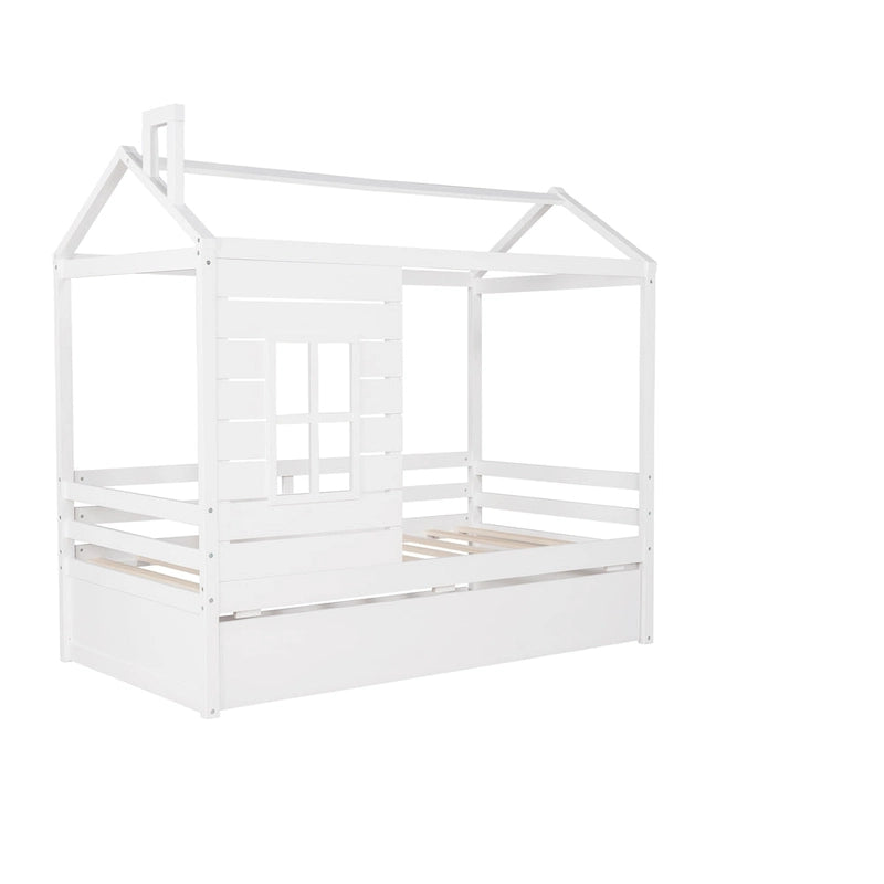 Twin Size House Style Wood Bed with Trundle