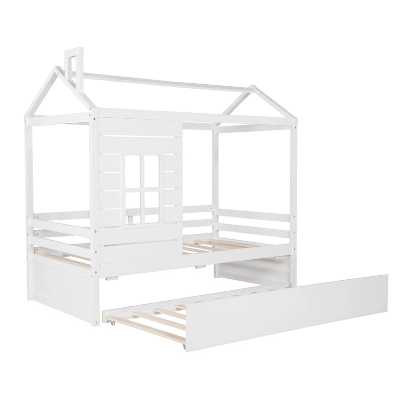 Twin Size House Style Wood Bed with Trundle