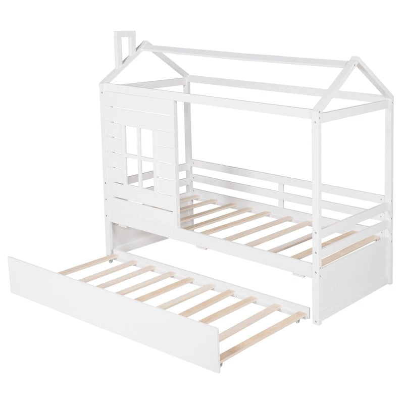 Twin Size House Style Wood Bed with Trundle