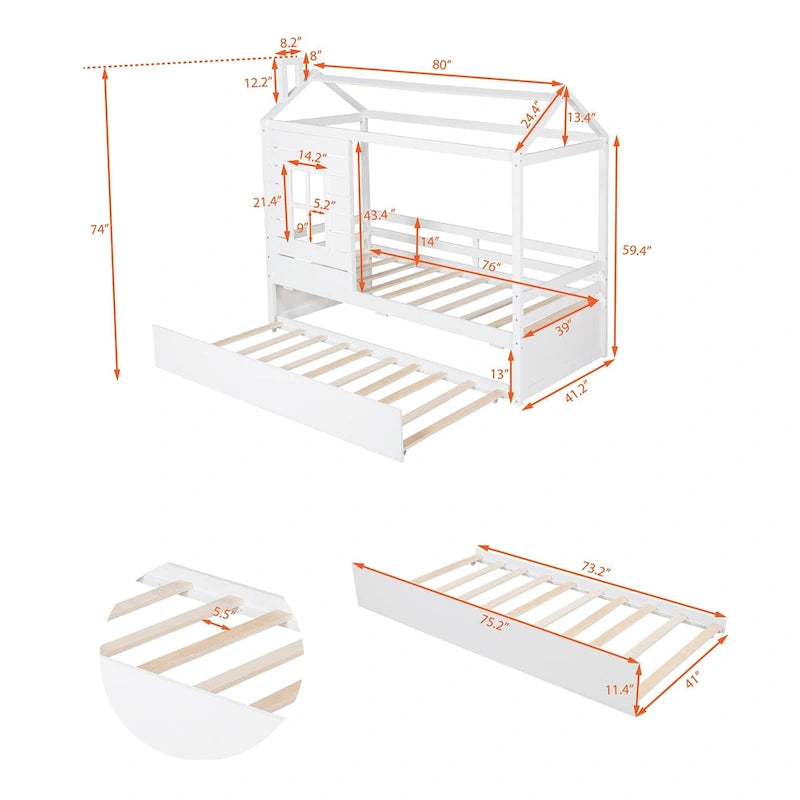 Twin Size House Style Wood Bed with Trundle