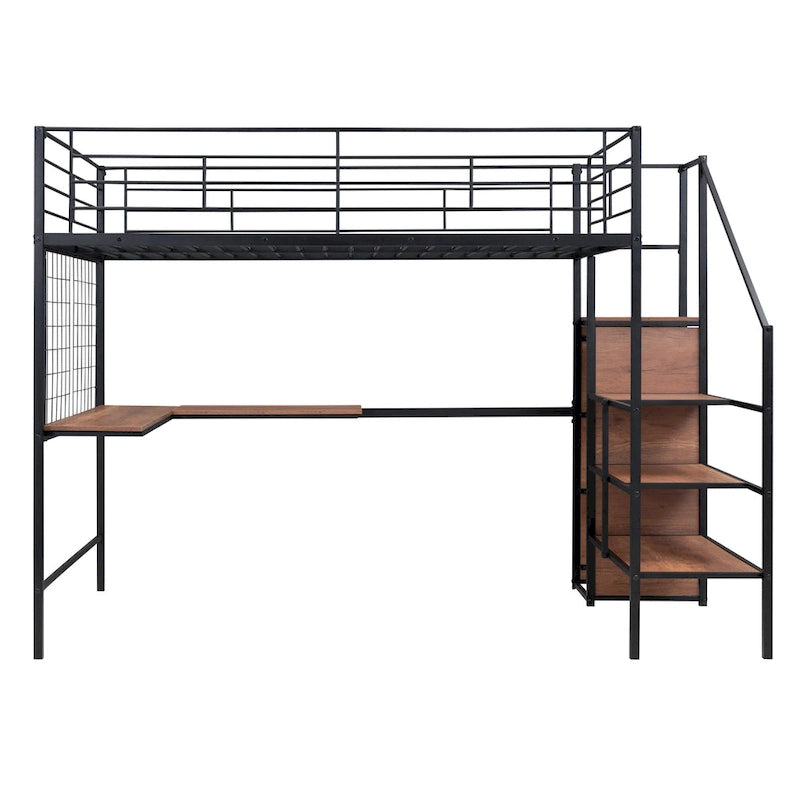 Full Size Metal Loft Bed with Desk and, Stylish Metal Frame with Lateral Storage Ladder and Wardrobe, Black
