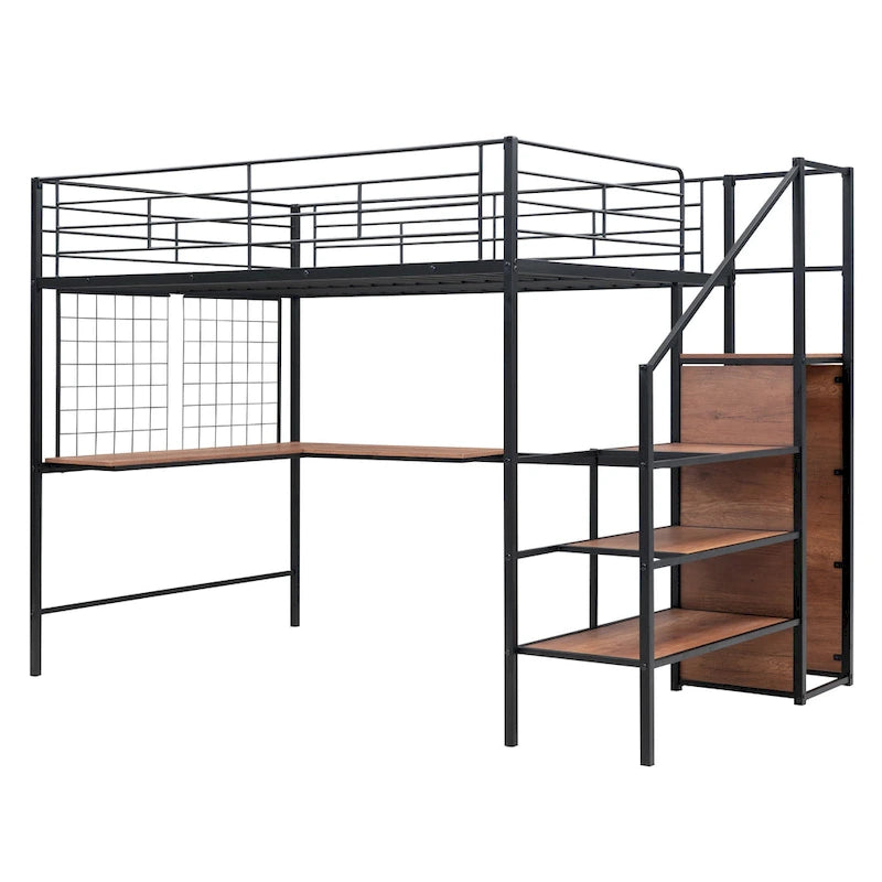 Full Size Metal Loft Bed with Desk and, Stylish Metal Frame with Lateral Storage Ladder and Wardrobe, Black