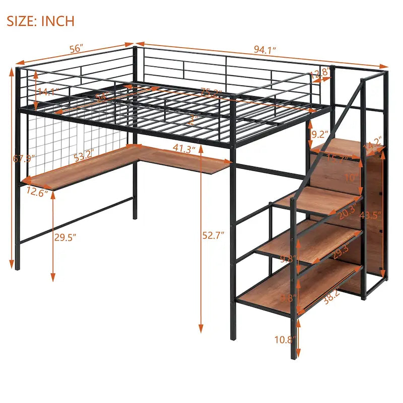 Full Size Metal Loft Bed with Desk and, Stylish Metal Frame with Lateral Storage Ladder and Wardrobe, Black