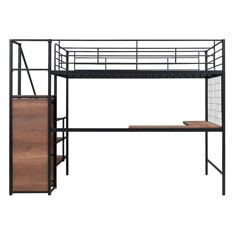 Full Size Metal Loft Bed with Desk and, Stylish Metal Frame with Lateral Storage Ladder and Wardrobe, Black