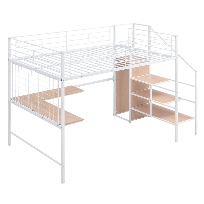 Full Size Metal Loft Bed with Desk and, Stylish Metal Frame with Lateral Storage Ladder and Wardrobe, Black