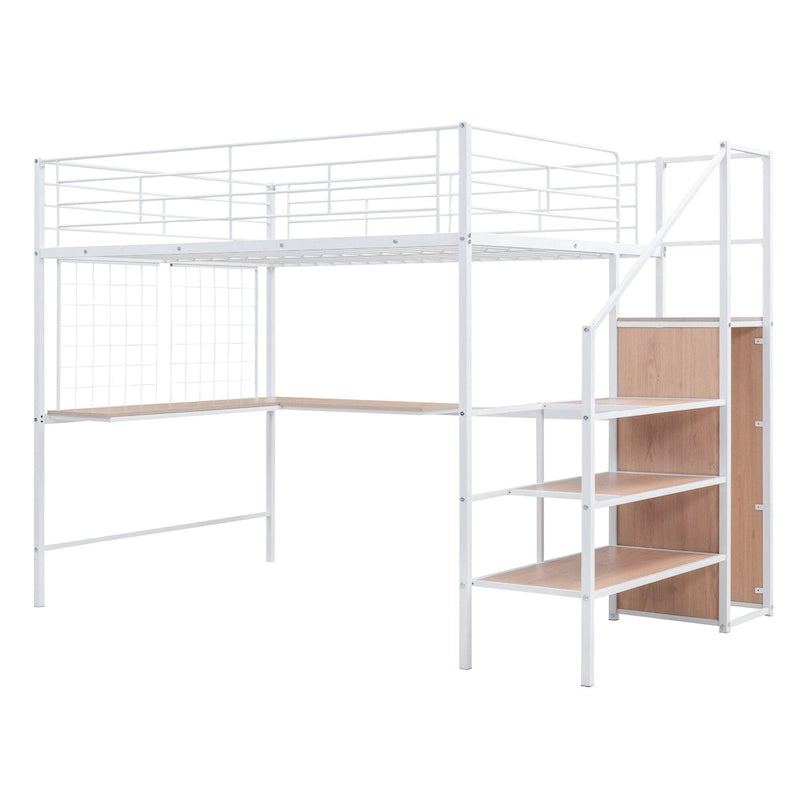 Full Size Metal Loft Bed with Desk and, Stylish Metal Frame with Lateral Storage Ladder and Wardrobe, Black