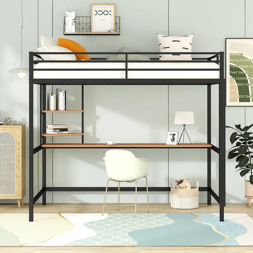 Full Metal Loft Bed with Desk and Shelve, Black