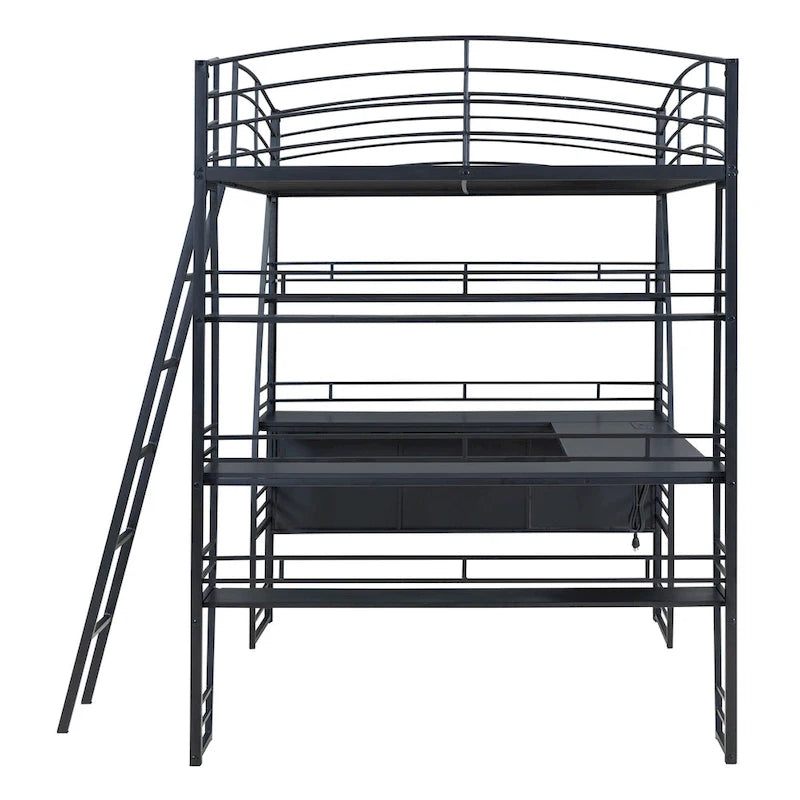 Full Size Loft Bed with 4 Layers of Shelves and L-shaped Desk, Stylish Metal Frame Bed USB Ports and Wireless Charging, White