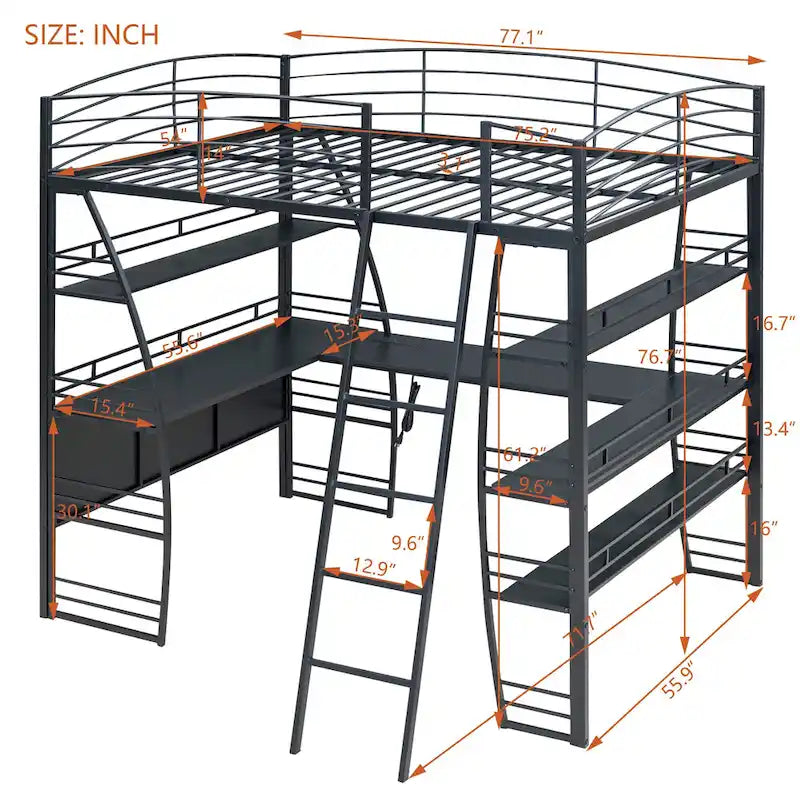 Full Size Loft Bed with 4 Layers of Shelves and L-shaped Desk, Stylish Metal Frame Bed USB Ports and Wireless Charging, White