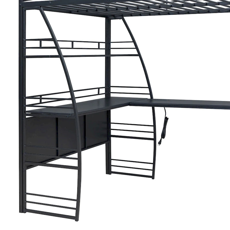 Full Size Loft Bed with 4 Layers of Shelves and L-shaped Desk, Stylish Metal Frame Bed USB Ports and Wireless Charging, White