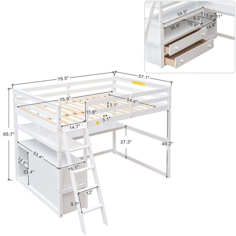 Wood Loft Bed with Desk, Shelves and Drawers