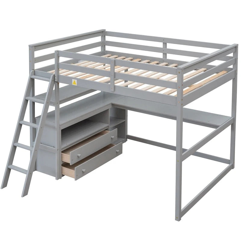 Wood Loft Bed with Desk, Shelves and Drawers