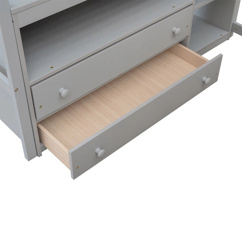 Wood Loft Bed with Desk, Shelves and Drawers