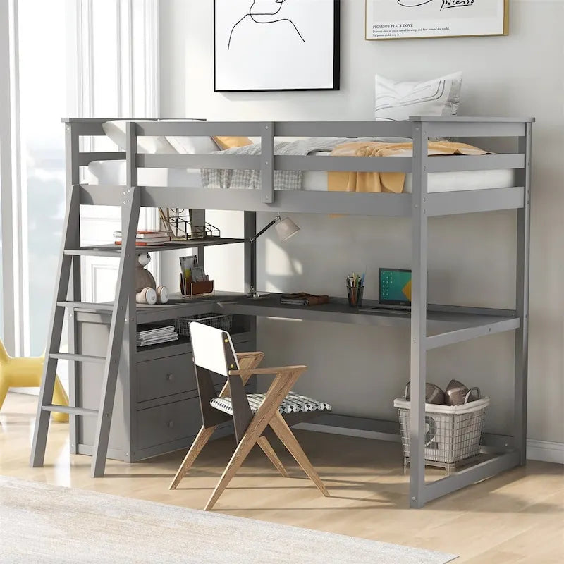 Wood Loft Bed with Desk, Shelves and Drawers