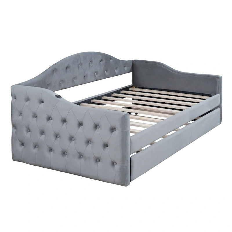 Lit de repos capitonné en velours, taille jumelle, avec lit gigogne et ports de charge USB et Type-C