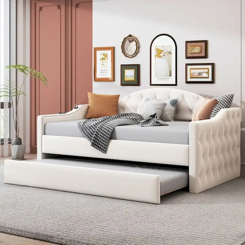 Lit de repos capitonné en velours, taille jumelle, avec lit gigogne et ports de charge USB et Type-C