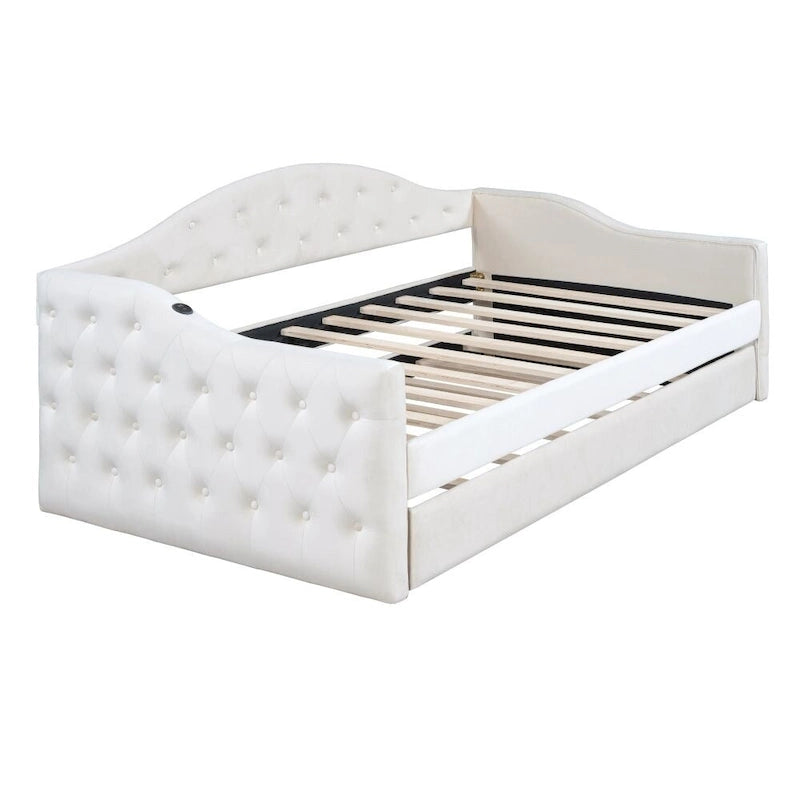 Lit de repos capitonné en velours, taille jumelle, avec lit gigogne et ports de charge USB et Type-C