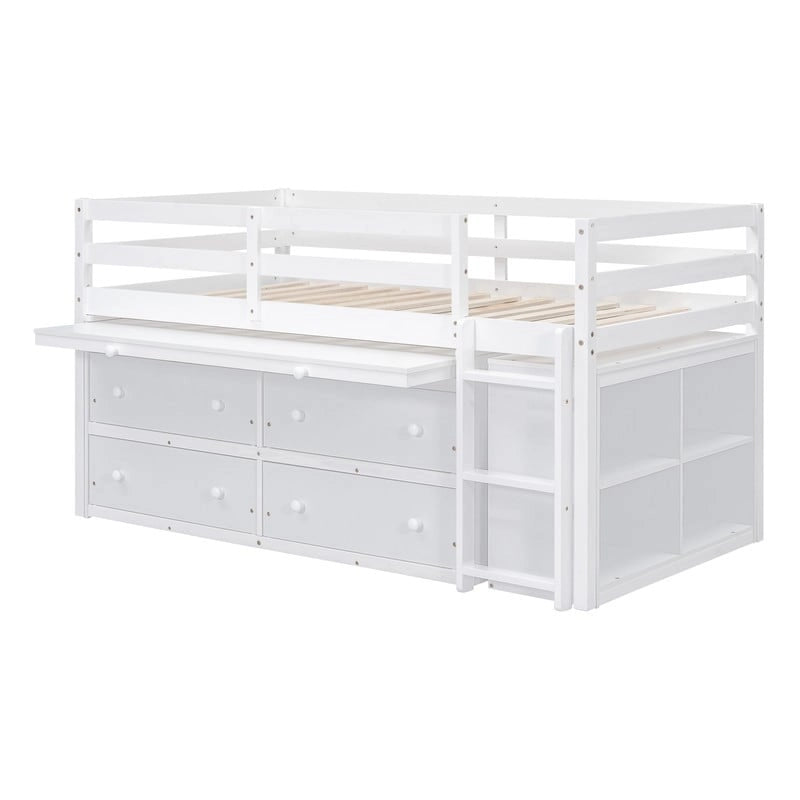 Twin/Full Size Low Loft Bed with Retractable Writing Desk and 4 Drawers, Wooden Loft Bedframe w/ Lateral Portable Desk & Shelves