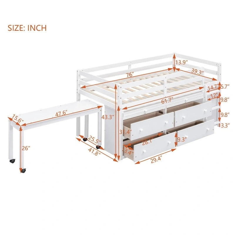 Twin/Full Size Low Loft Bed with Retractable Writing Desk and 4 Drawers, Wooden Loft Bedframe w/ Lateral Portable Desk & Shelves