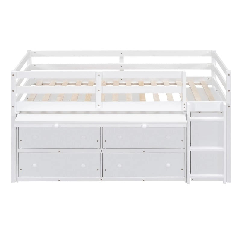 Twin/Full Size Low Loft Bed with Retractable Writing Desk and 4 Drawers, Wooden Loft Bedframe w/ Lateral Portable Desk & Shelves