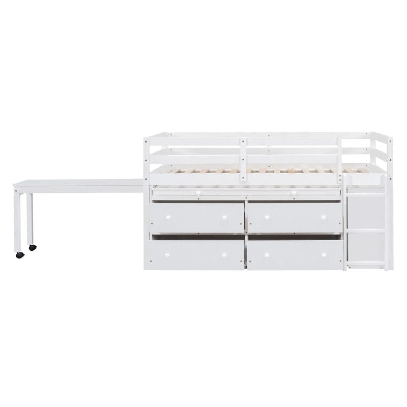Twin/Full Size Low Loft Bed with Retractable Writing Desk and 4 Drawers, Wooden Loft Bedframe w/ Lateral Portable Desk & Shelves
