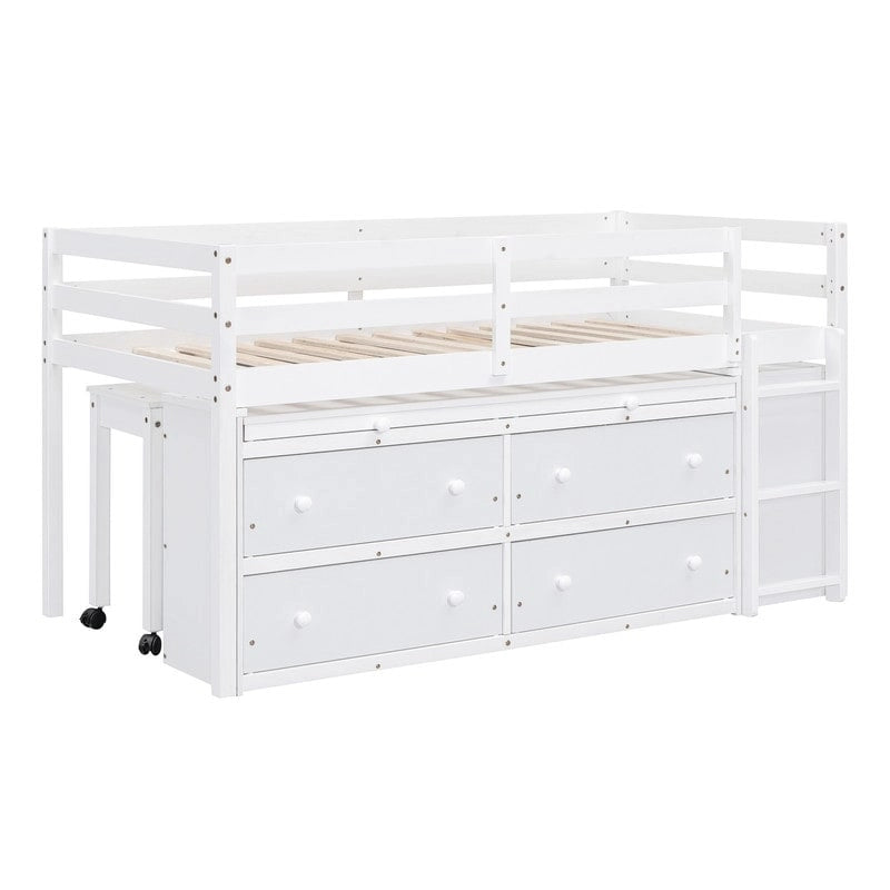 Twin/Full Size Low Loft Bed with Retractable Writing Desk and 4 Drawers, Wooden Loft Bedframe w/ Lateral Portable Desk & Shelves