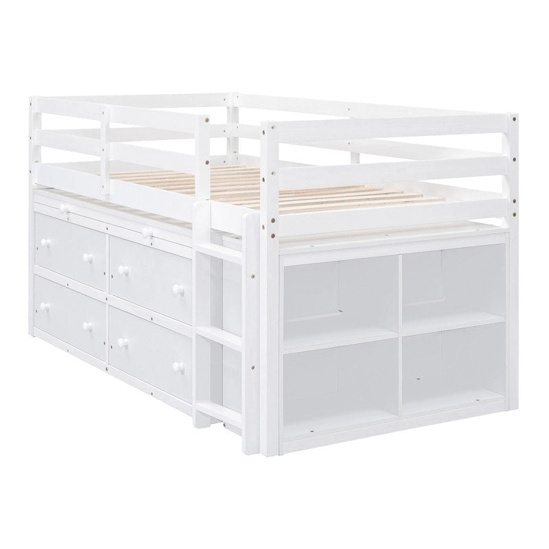 Twin/Full Size Low Loft Bed with Retractable Writing Desk and 4 Drawers, Wooden Loft Bedframe w/ Lateral Portable Desk & Shelves