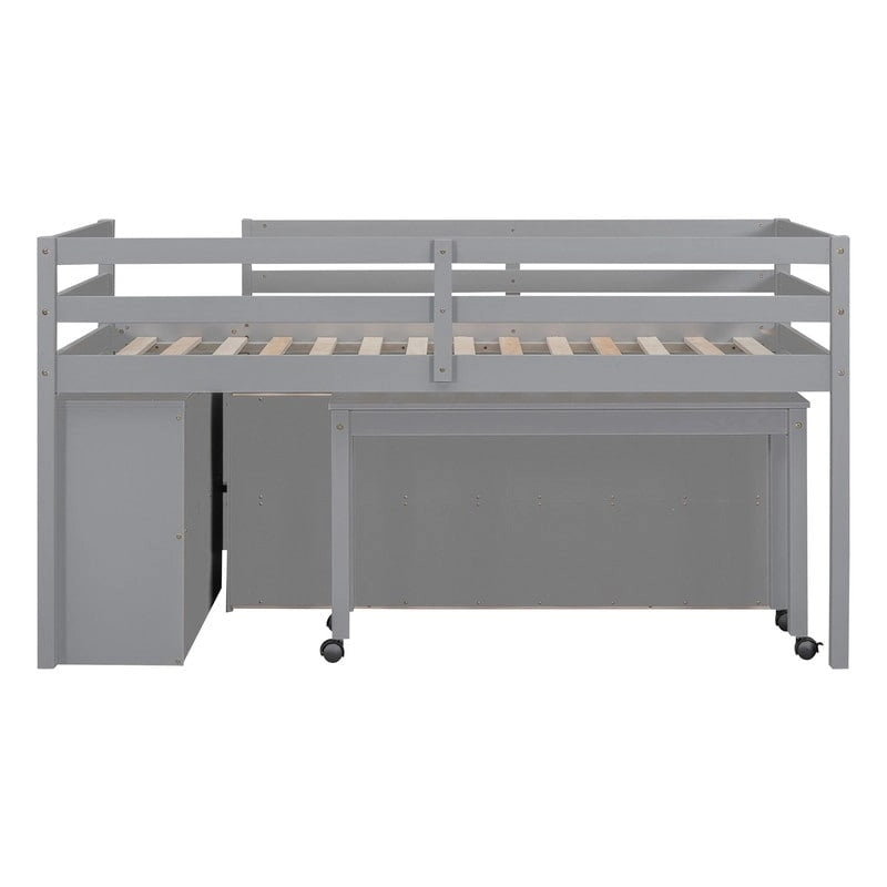 Twin/Full Size Low Loft Bed with Retractable Writing Desk and 4 Drawers, Wooden Loft Bedframe w/ Lateral Portable Desk & Shelves