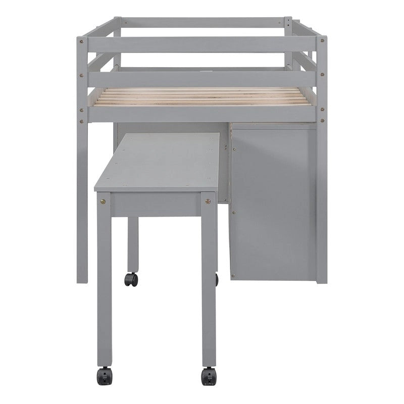 Twin/Full Size Low Loft Bed with Retractable Writing Desk and 4 Drawers, Wooden Loft Bedframe w/ Lateral Portable Desk & Shelves