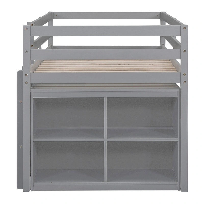 Twin/Full Size Low Loft Bed with Retractable Writing Desk and 4 Drawers, Wooden Loft Bedframe w/ Lateral Portable Desk & Shelves