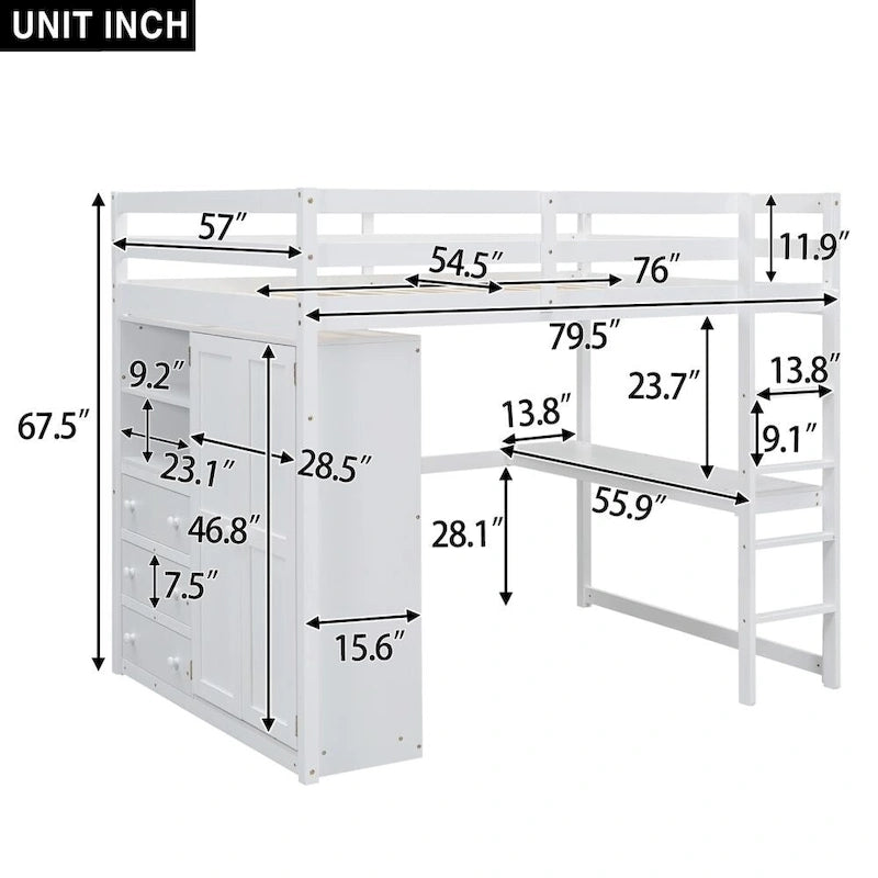 Wood Full Size Loft Bed with Built-in Wardrobe, Desk, Storage Shelves and Drawers