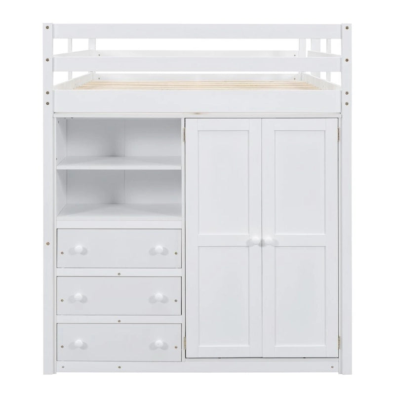 Wood Full Size Loft Bed with Built-in Wardrobe, Desk, Storage Shelves and Drawers