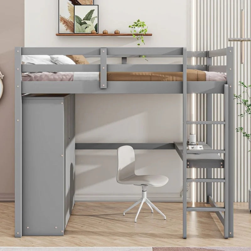 Wood Full Size Loft Bed with Built-in Wardrobe, Desk, Storage Shelves and Drawers