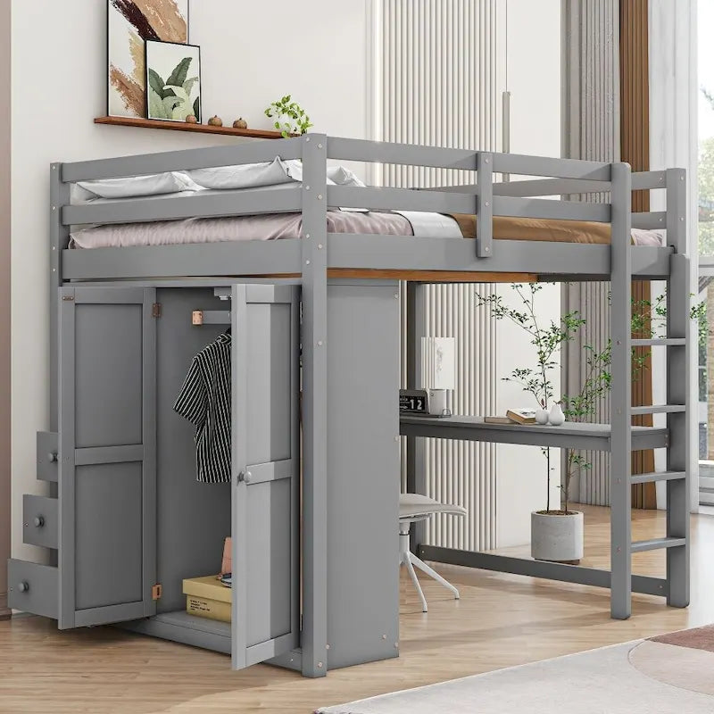 Wood Full Size Loft Bed with Built-in Wardrobe, Desk, Storage Shelves and Drawers
