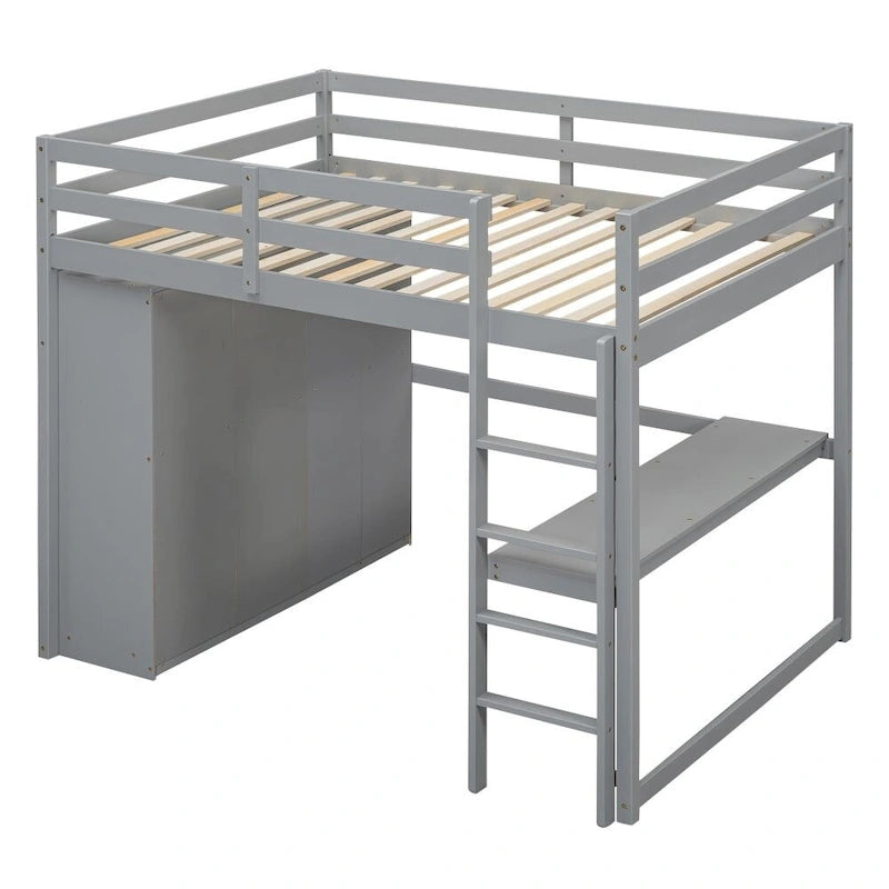 Wood Full Size Loft Bed with Built-in Wardrobe, Desk, Storage Shelves and Drawers