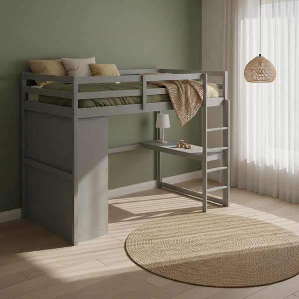 Lit mezzanine en bois double avec armoire, bureau, étagères de rangement et tiroirs intégrés