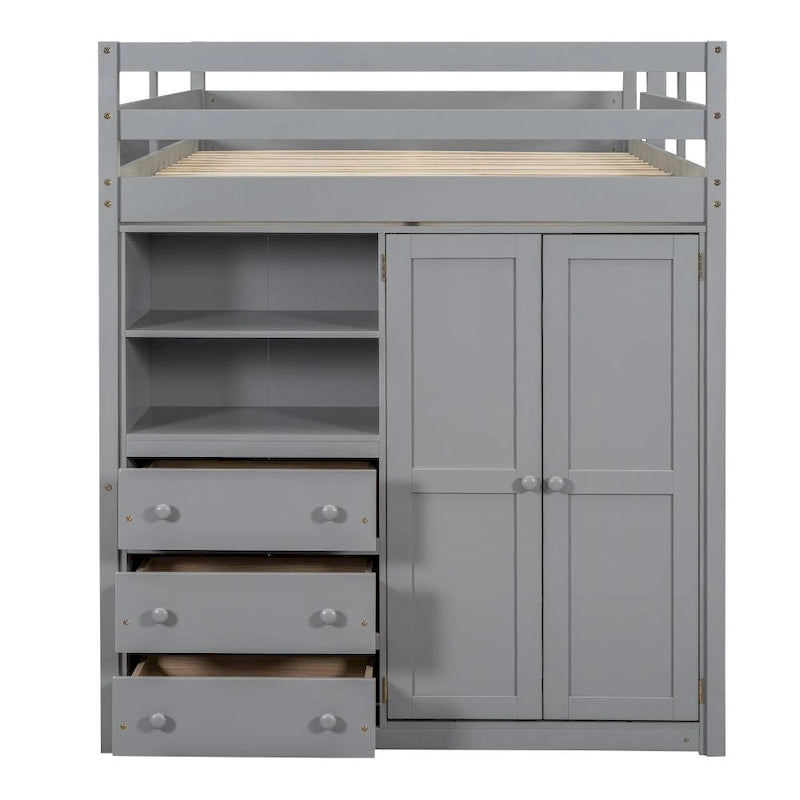 Wood Full Size Loft Bed with Built-in Wardrobe, Desk, Storage Shelves and Drawers